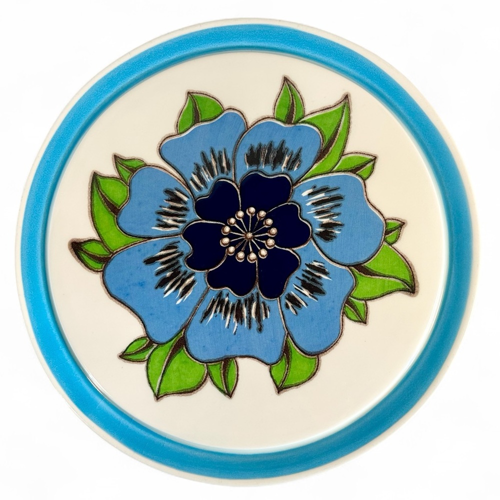 Cake plate Herbolzheim, West-Germany Pottery 1960s/70s. Hand painted Blue-Green